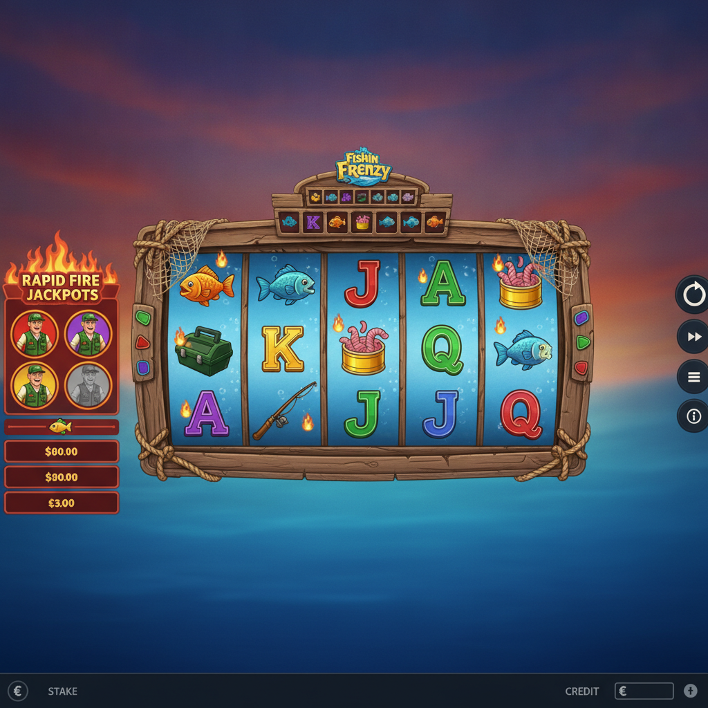 Fishin' Frenzy The Big Catch 2 game screen showing 5x3 reels underwater with tropical fish symbols, fisherman wild character holding rod and catch, sunset sky above ocean, weathered wooden frame and Rapid Fire Jackpots panel