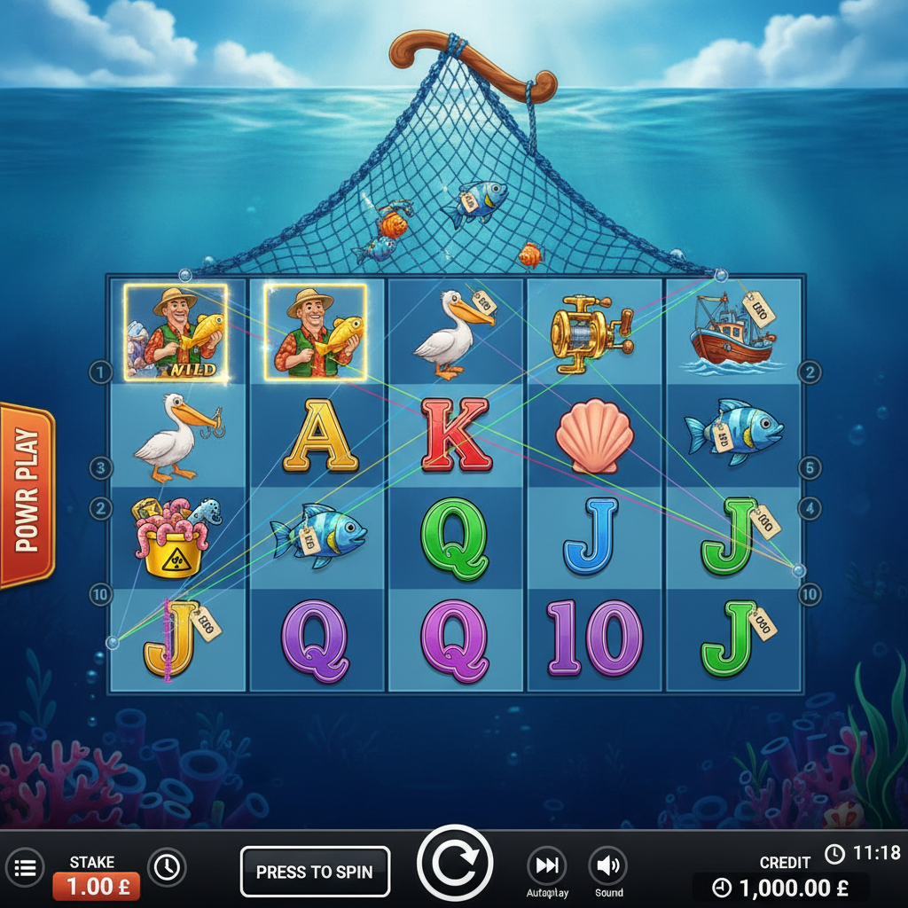 Fishin' Frenzy The Big Catch 2 slot game showing 5x3 reels underwater with fisherman character, colourful fish with prize values, pelican, fishing reel, scatter boat symbol and golden card symbols