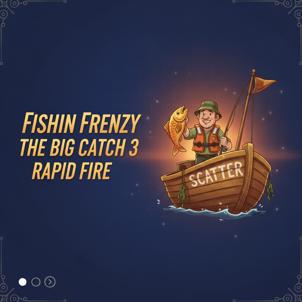 Fishin' Frenzy The Big Catch 3 Rapid Fire slot game showing golden wooden fishing boat with SCATTER written on transom, fisherman character holding large orange fish and fishing rod, wearing green hat and orange life vest, sunset ocean theme
