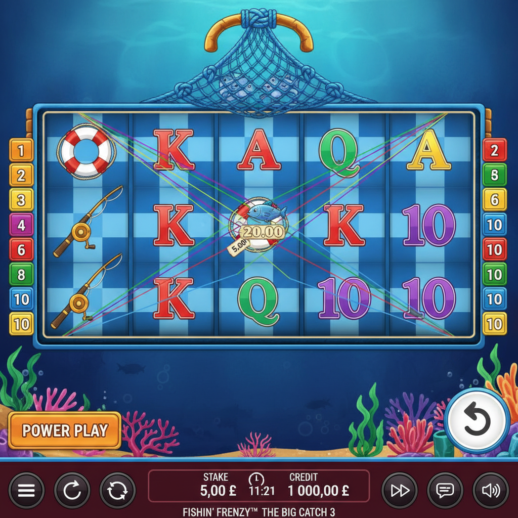 Fishin' Frenzy The Big Catch 3 slot game showing 5x3 underwater reels with fishing symbols, colorful fish with value tags, fisherman wild character, and fishing boat scatter in deep ocean blue waters