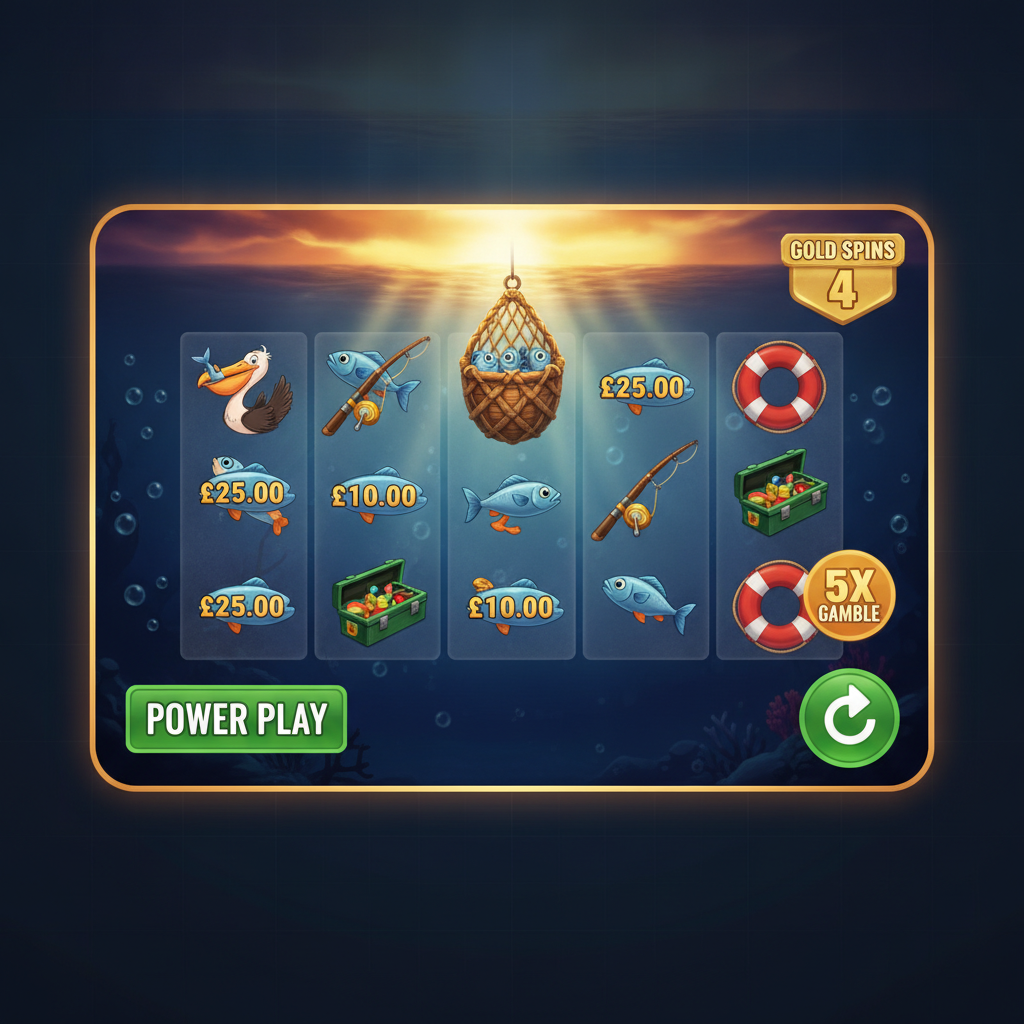 Fishin' Frenzy The Big Catch Gold Spins slot game featuring underwater ocean scene with blue fish, pelican mascot, fishing net, sunset sky gradient, gold spins feature and cash prize symbols