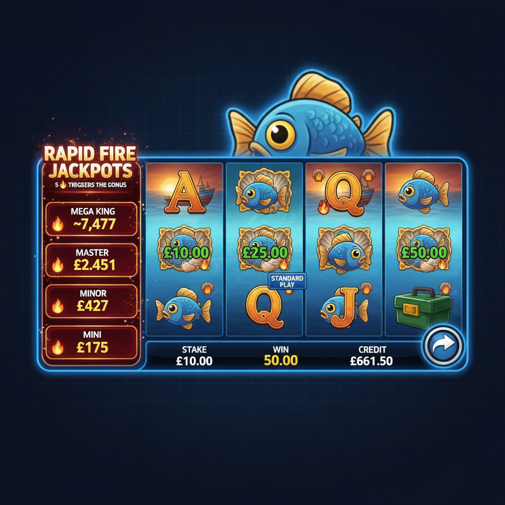 Fishin' Frenzy The Big Catch Rapid Fire slot featuring cartoon blue fish with orange fins, fishing boat scatter symbols, and underwater ocean theme with 5 reels