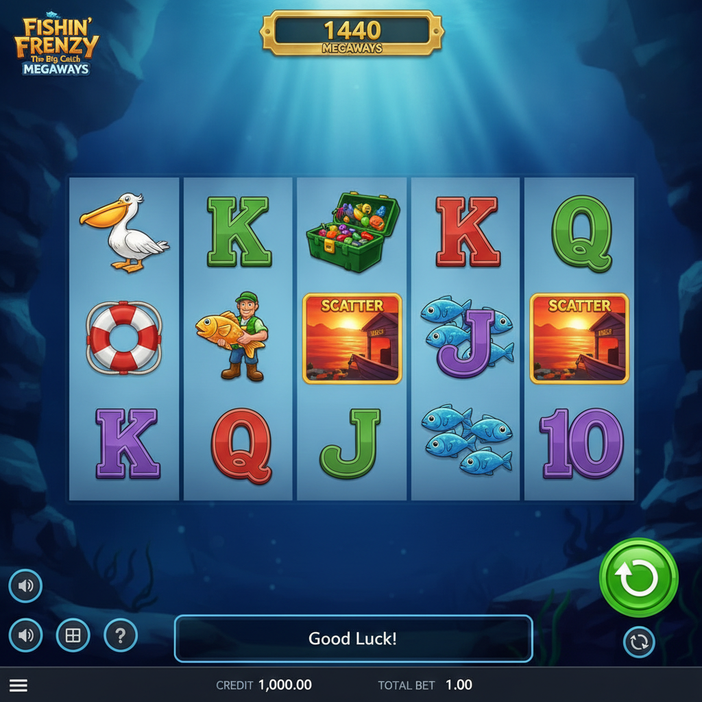 Fishin' Frenzy The Big Catch Megaways underwater fishing slot with 6 Megaways reels, cartoon fisherman holding golden fish, blue ocean background, pelican and tackle box symbols visible