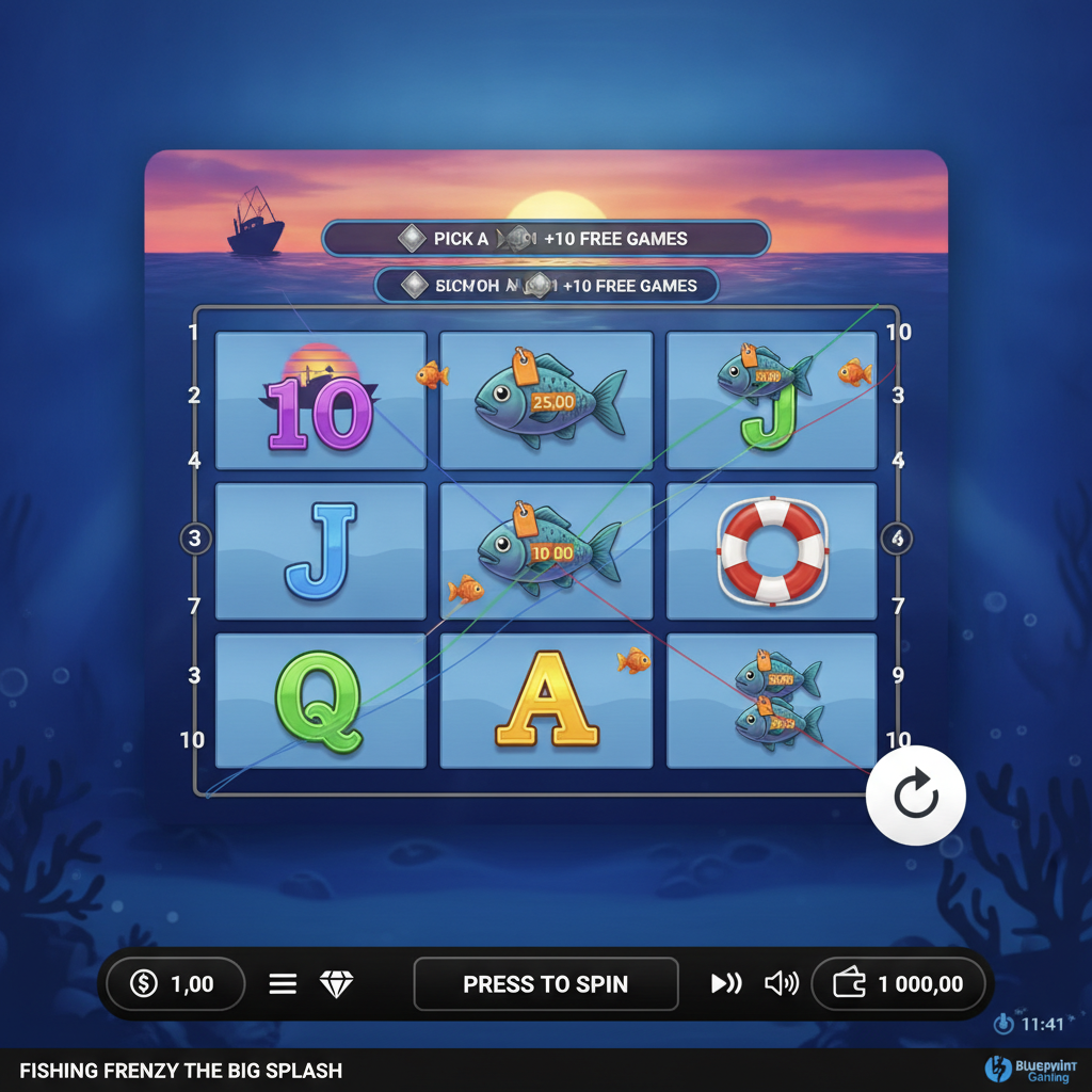 Fishin' Frenzy The Big Splash slot game showing 5x3 reels with fisherman wild symbol, pelican, life preserver, fishing rod symbols and colourful fish with cash values against an underwater blue ocean background with orange sunset sky above the waterline