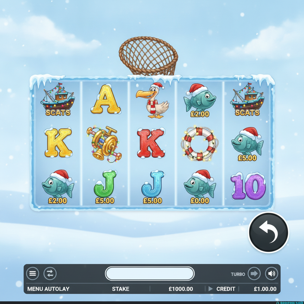 Fishin' Frenzy Christmas slot game showing icy Arctic landscape with Christmas-decorated fishing boat scatter symbols, cartoon fish wearing Santa hats, and festive pelican character against snowy reels