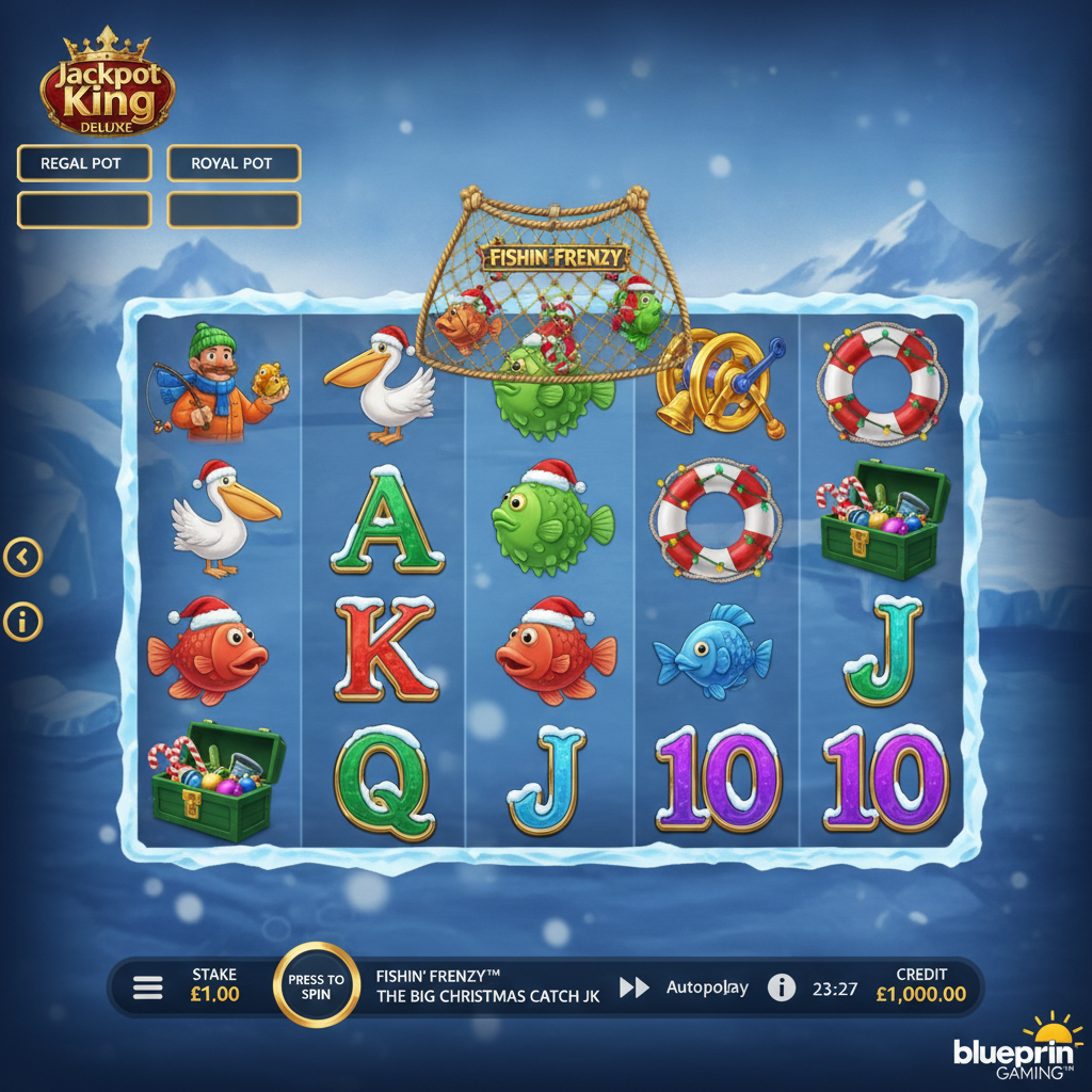 Fishin' Frenzy The Big Christmas Catch slot game showing icy blue reels with Christmas-themed fishing symbols, golden net above reels, festive fish wearing Santa hats, pelican with red hat, winter arctic ocean backdrop, and Jackpot King crown logo