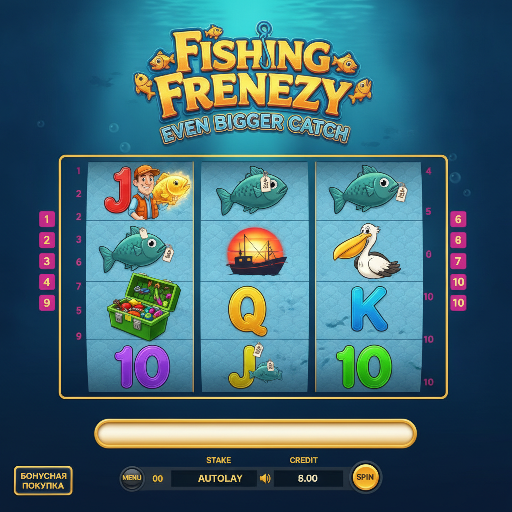 Fishin' Frenzy Even Bigger Catch slot game showing underwater ocean scene with cartoon fisherman catching golden fish, blue reels with 5x3 layout, and fishing boat scatter symbols