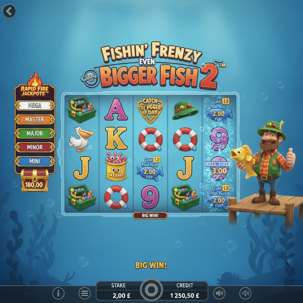 Fishin' Frenzy Even Bigger Fish 2 slot game featuring cartoon fisherman with green bucket hat holding golden fish, ocean background with 6x4 reel grid, fishing boat scatter symbols, and colorful underwater theme