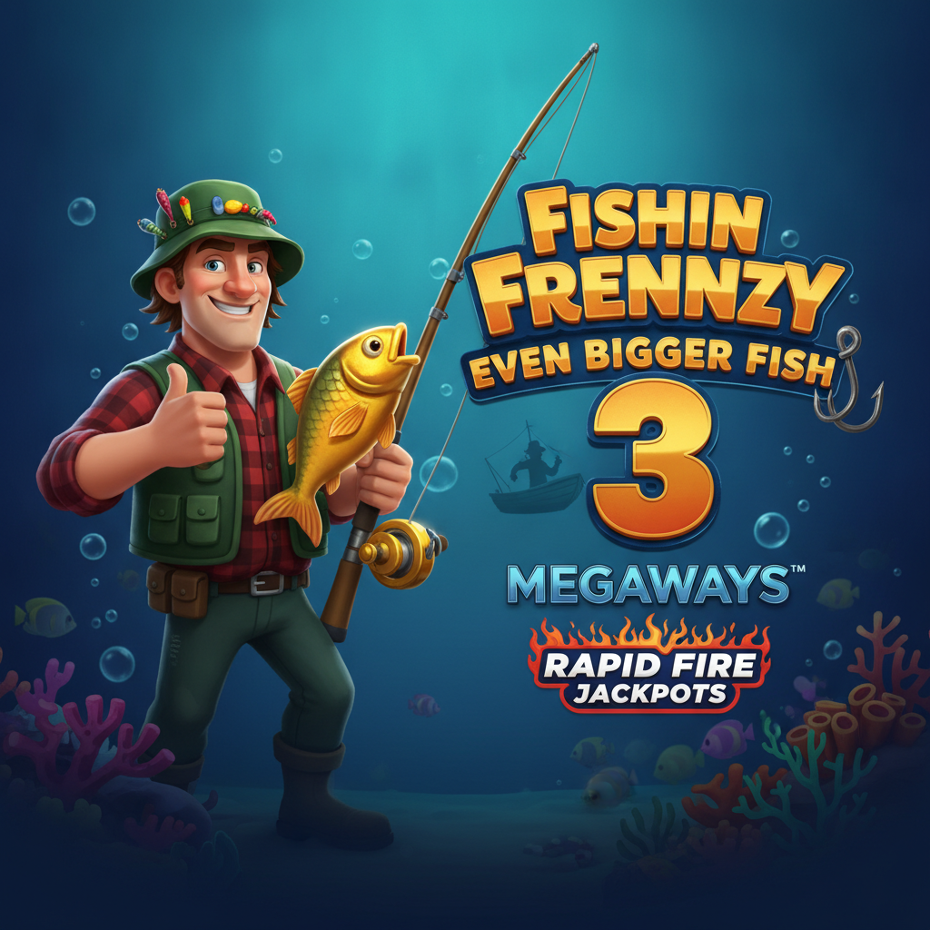 Fishin' Frenzy Even Bigger Fish 3 Megaways Rapid Fire slot featuring fisherman character holding golden fish with underwater coral reef background and fishing boat