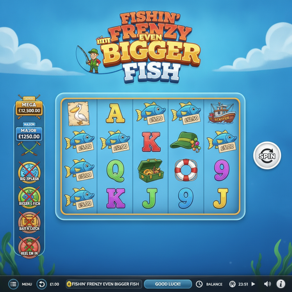 Fishin' Frenzy Even Bigger Fish slot featuring Frankie the fisherman character on his boat with fishing rod, blue ocean background, 6 reels showing cash fish symbols, scatter boats, and colorful card symbols