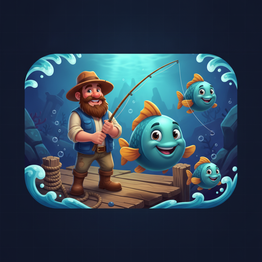 Fishin' Frenzy Even Bigger Fish Rapid Fire slot game featuring Frankie the Fisherman with fishing rod on wooden dock, cartoon blue teal fish with orange fins, underwater ocean theme with 4096 ways to win