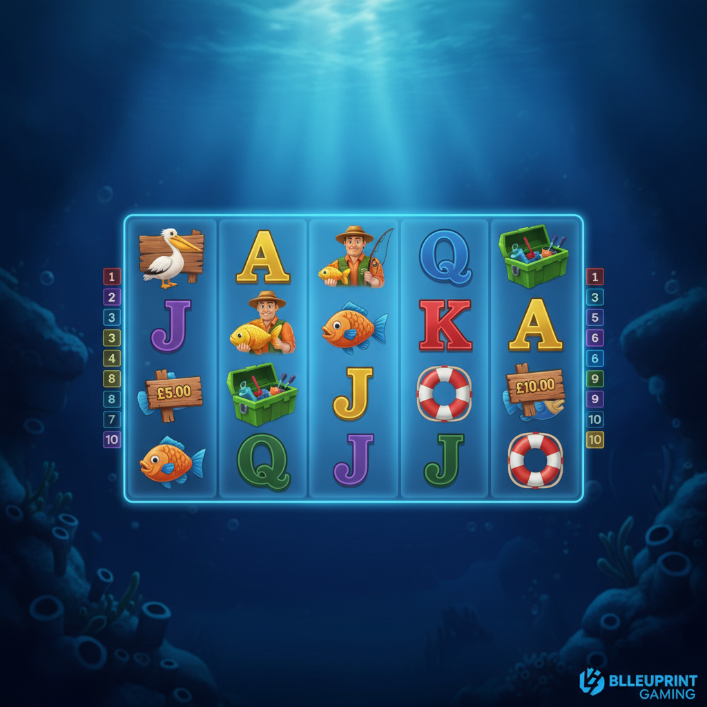 Fishin' Frenzy Fortune Play slot game showing underwater ocean theme with 5 reels, fisherman wild symbol holding golden fish, pelican, tackle box, and life preserver symbols