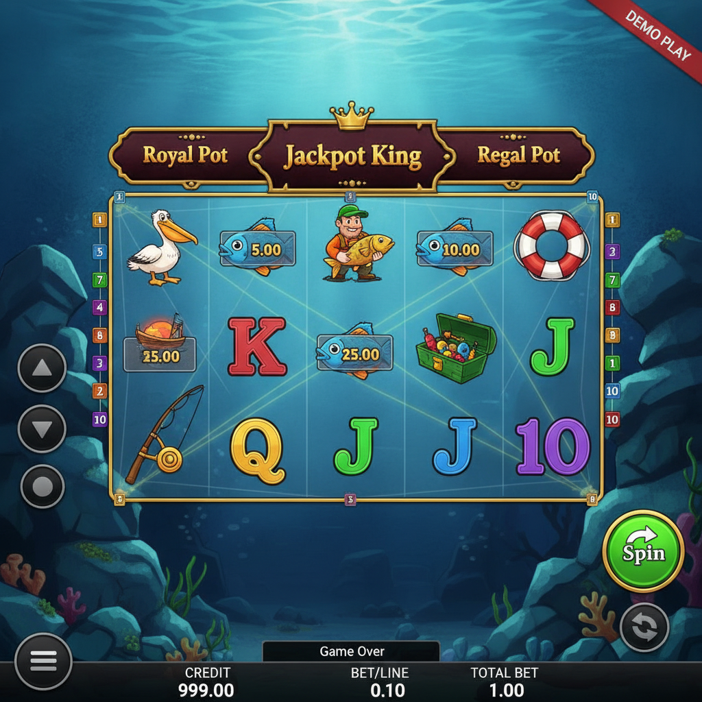 Fishin' Frenzy Jackpot King slot game showing 5 reels with cartoon fisherman symbol, blue fish with prize values, pelican, tackle box, scatter boat and underwater ocean background