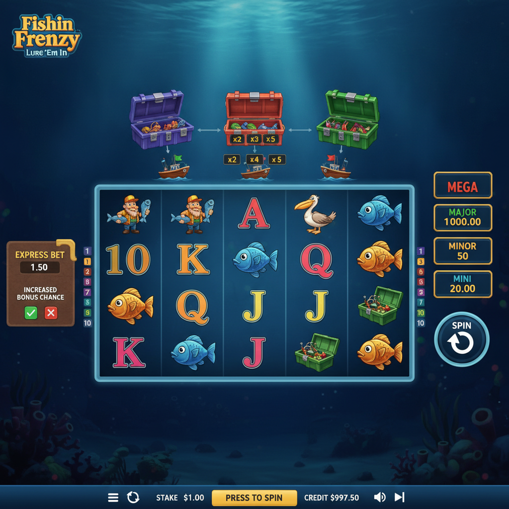 Fishin' Frenzy Lure 'Em In slot game showing 5x3 reels with fisherman wild symbol, colourful fish cash prizes, three tackle boxes, and underwater ocean theme with blue depths and golden multipliers