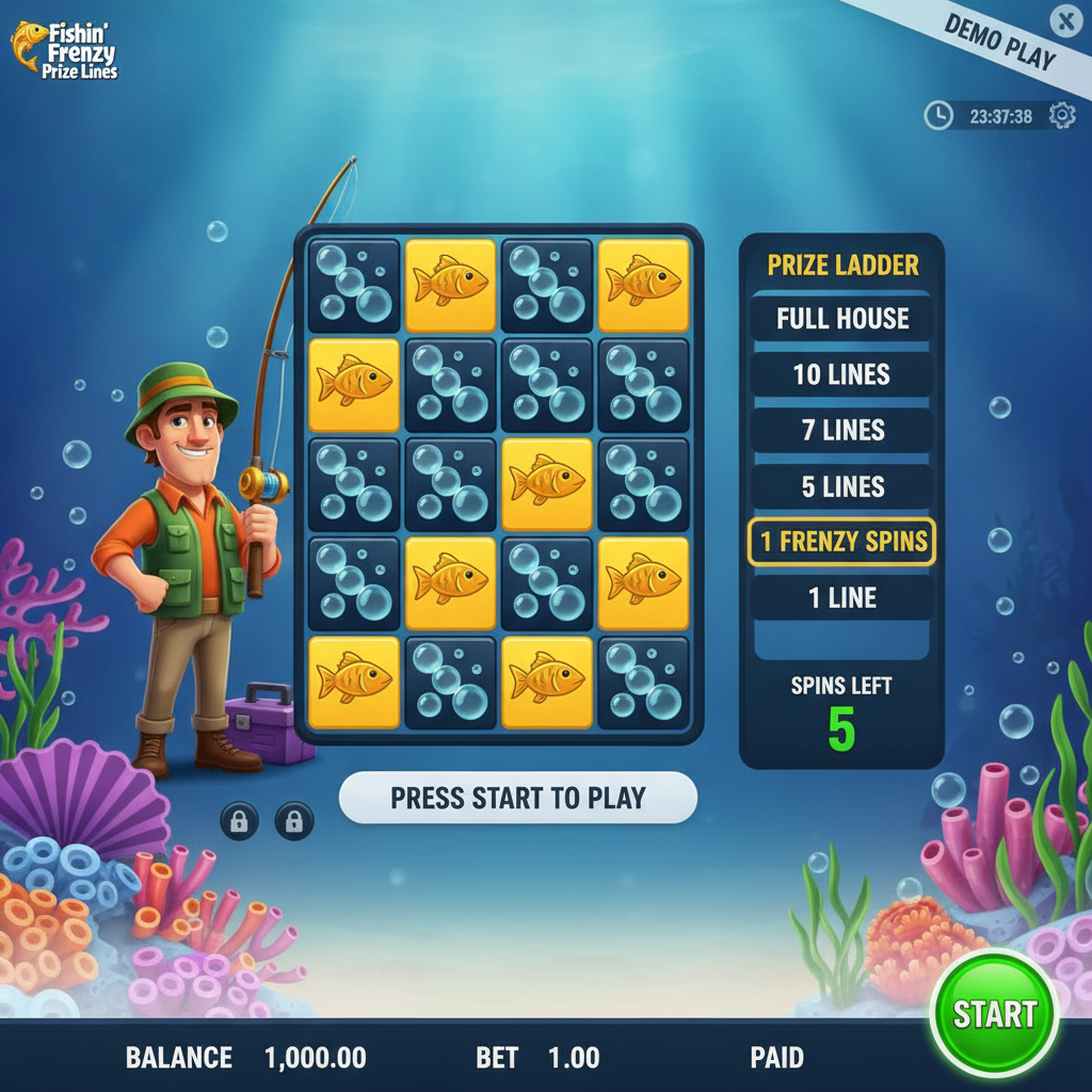 Fishin' Frenzy Prize Lines 5x5 grid slot with golden fish symbols and prize ladder in underwater ocean scene with fisherman character