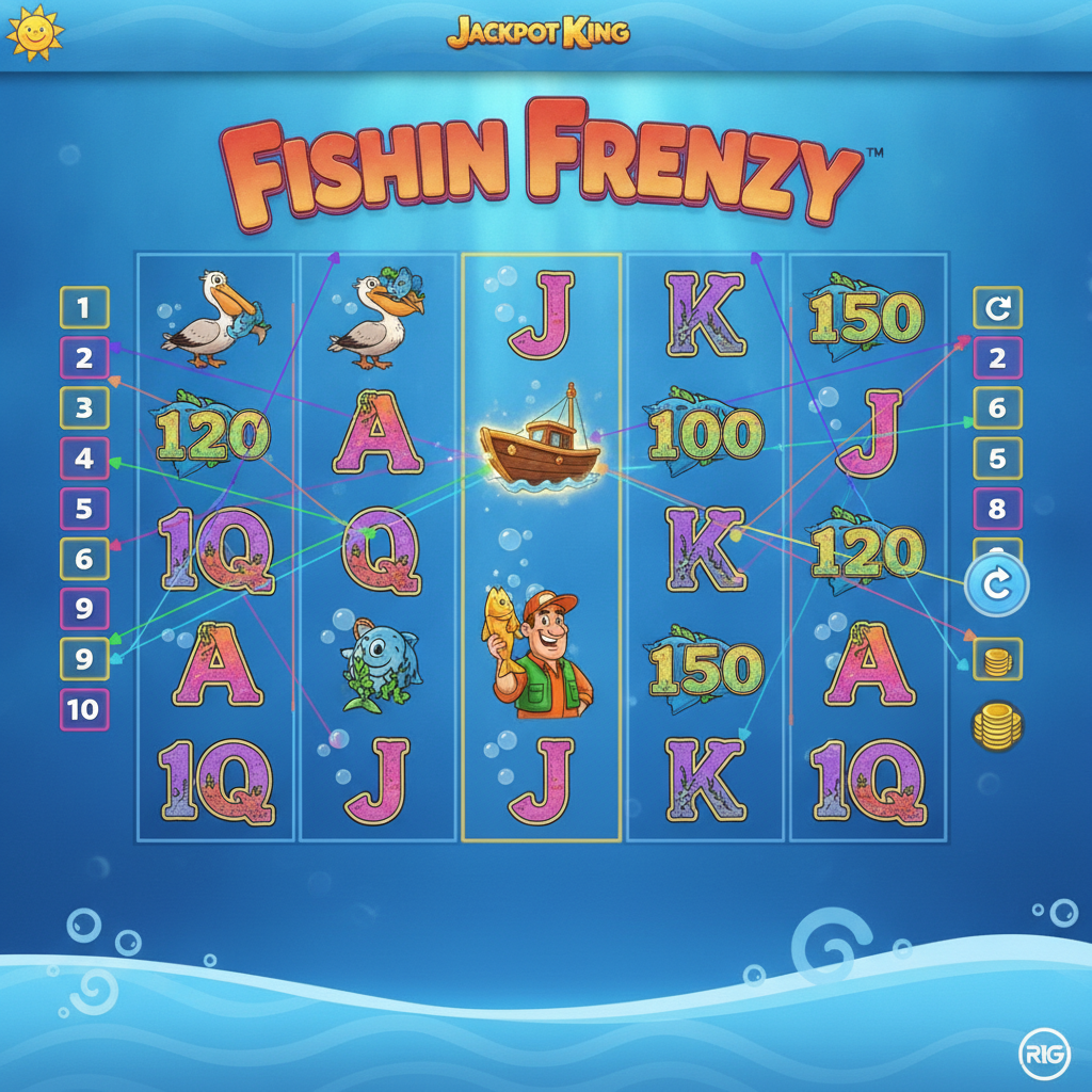Fishin' Frenzy slot game showing underwater ocean scene with fishing boat scatter symbol, pelican, fisherman wild, and colourful payline indicators on 5x3 reels