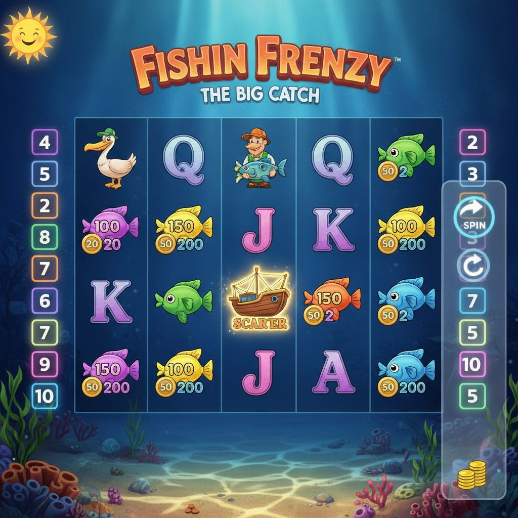 Fishin' Frenzy 5-reel slot with underwater ocean scene, fishing boat scatter symbol, pelican, fisherman wild, and bright blue water with sunlight