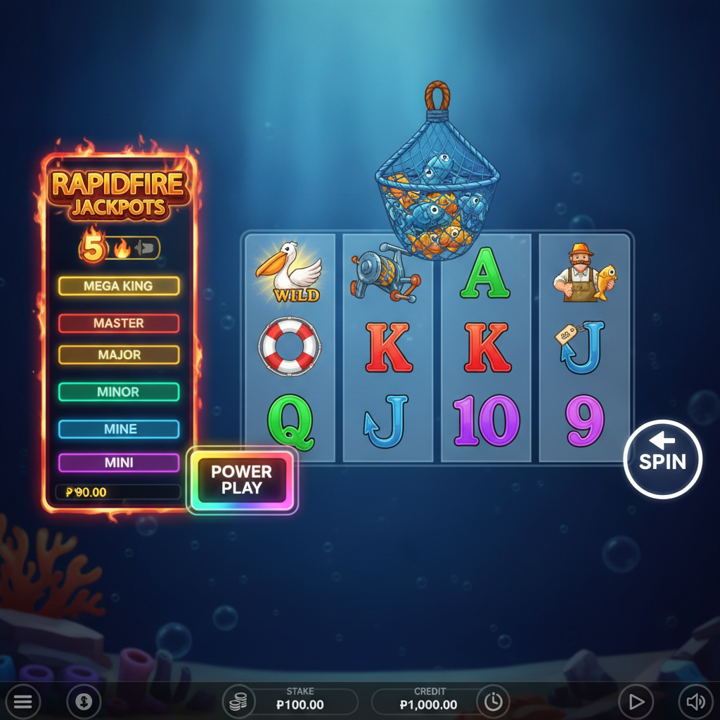 Fishin' Frenzy Win Stepper slot game showing 3x3 underwater reels with pelican wild, fisherman symbols, fishing net, and Rapid Fire Jackpots panel