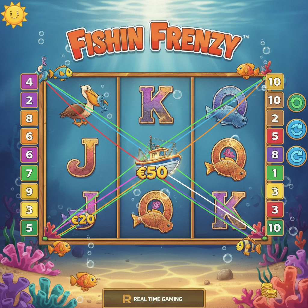 Fishin' Frenzy slot 5x3 reels with pelican, boat scatter, fisherman wild, underwater ocean scene with sunlight