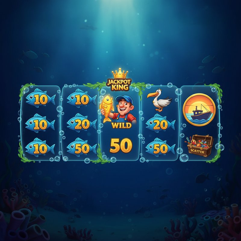 Fishin' Frenzy The Big Catch Jackpot King slot game showing underwater ocean scene with 5 reels, cartoon fisherman wild symbol holding golden fish, blue fish symbols with prize values, pelican, tackle box, and fishing boat scatter against deep blue water background