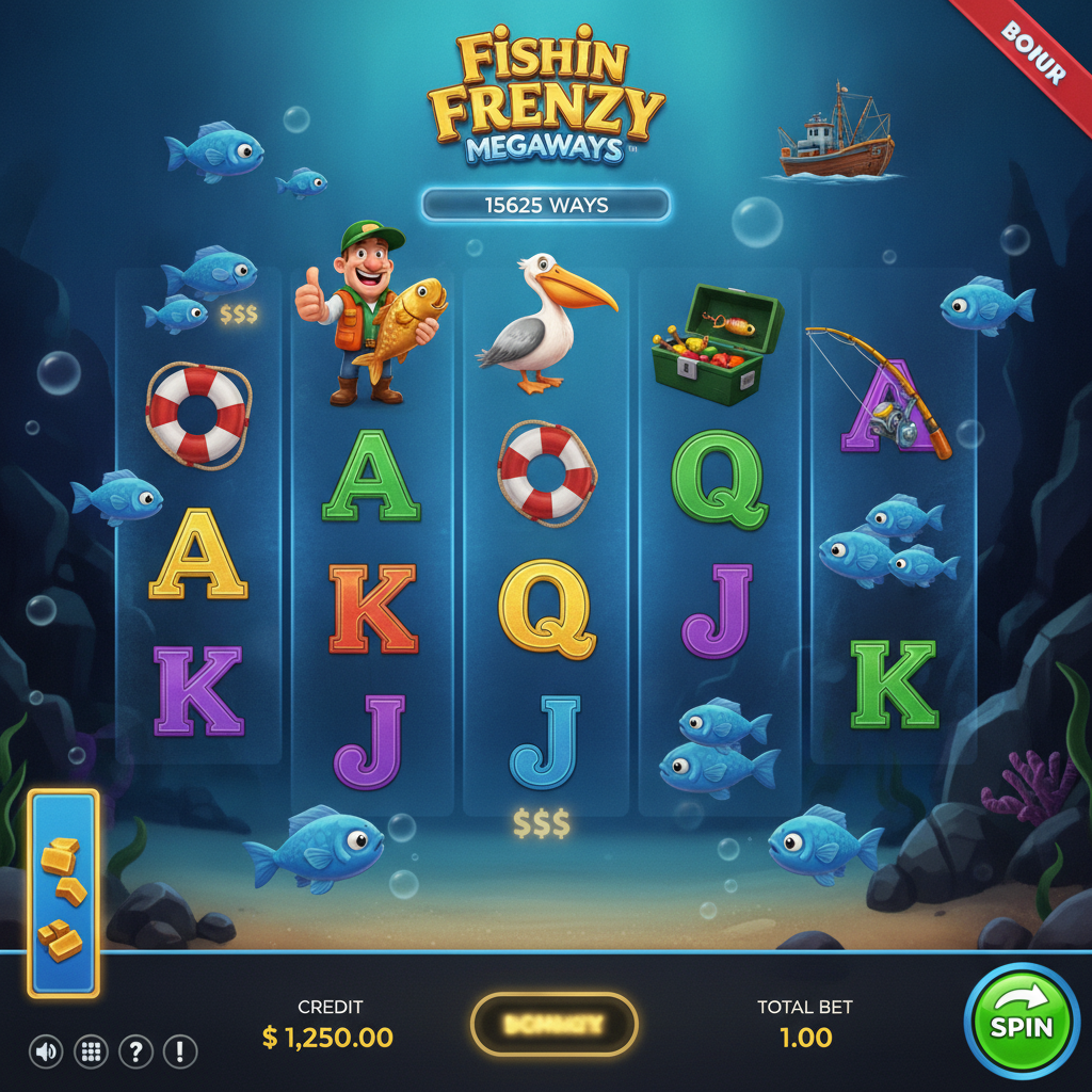 Fishin' Frenzy Megaways underwater fishing adventure with cartoon fisherman, blue fish, pelican, and golden treasure symbols on 6 reels